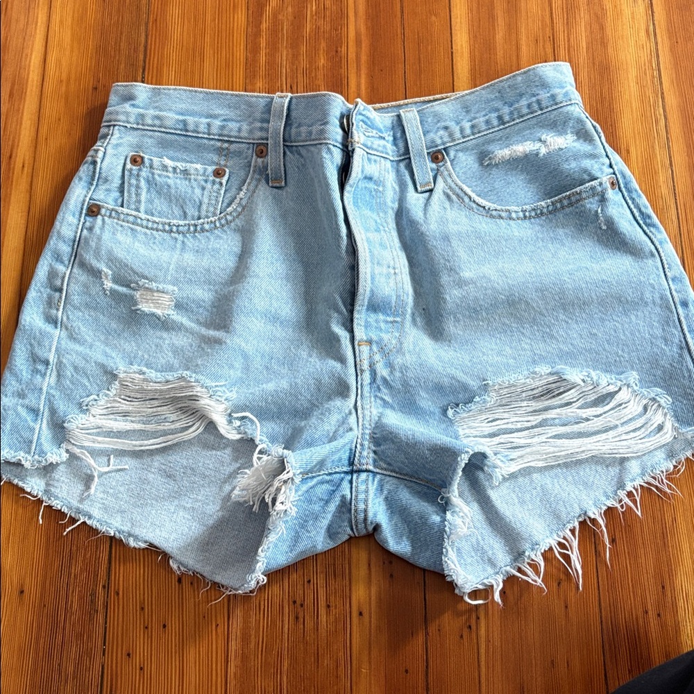 Levis Distressed Light Blue Denim Shorts